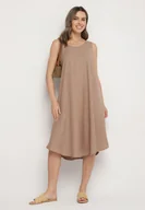Sukienki - Ciemnobeżowa Rozkloszowana Klasyczna Sukienka Lunetira - miniaturka - grafika 1