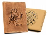 Portfele - Skórzany portfel męski Always Wild znak zodiaku bliźnięta portmonetka na karty i dokumenty, brązowy koniakowy - miniaturka - grafika 1