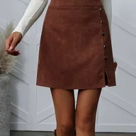 Spódnice - TEMU Damska spódnica z kordurowego materiału w kształcie litery A z bocznym rozcięciem i dekoracyjnymi guzikami - jednokolorowa spódnica midi na co - miniaturka - grafika 1