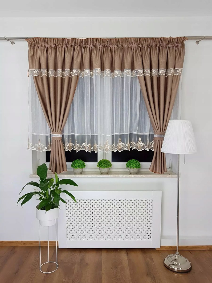 FIRANA ZESTAW OKIENNY Z ZASŁONAMI FIRANKA GOTOWA DO SALONU BRĄZ NA TAŚMIE