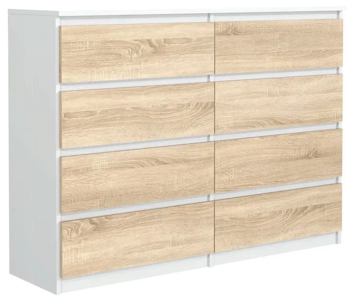 Nowoczesna Komoda 8Szuflad 120cm Biała Front Dąb Sonoma Do Salonu Sypialni