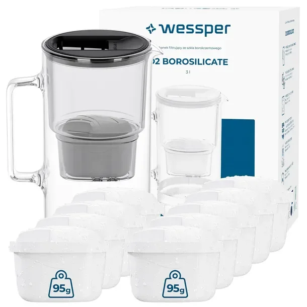 Dzbanek szklany filtrujący Wessper D2 Borosilicate 3l czarny + 10x filtr