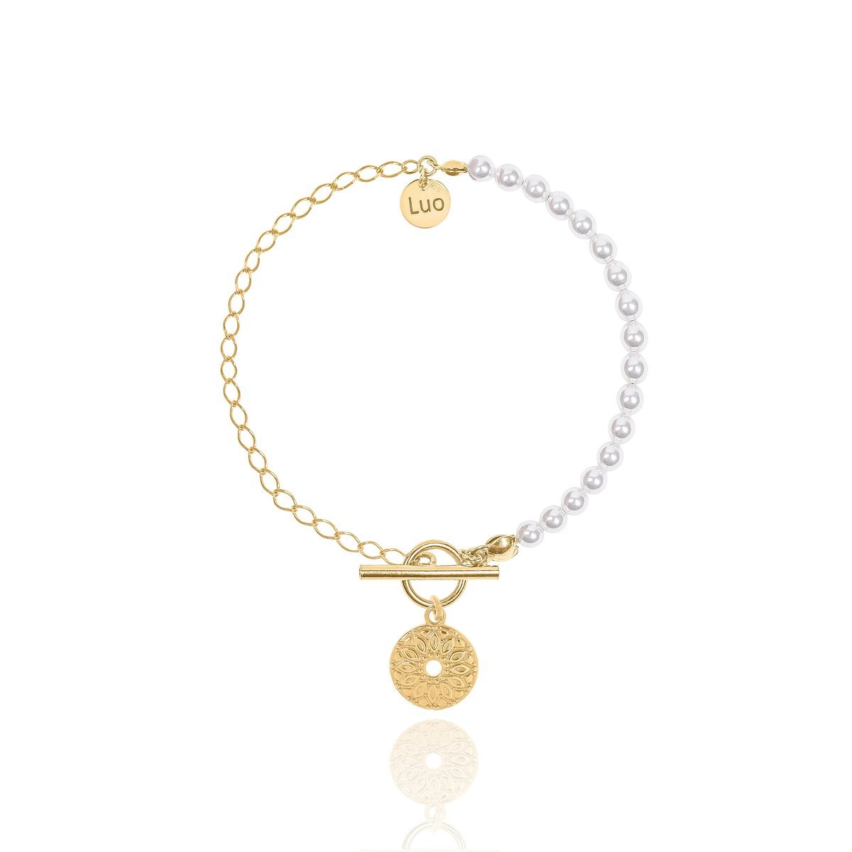 Bransoletka srebrna pozłacana z perłami i mandalą