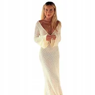 Sukienki - KOBIECA ELEGANCKA SUKIENKA DZIANINOWA SEXY DOPASOWANA BEŻOWA M GOŁE PLECY - miniaturka - grafika 1
