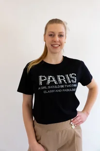 Czarna Koszulka z Napisem Paris Cyrkonie L - Bluzki damskie - miniaturka - grafika 1