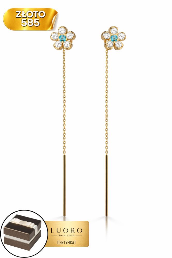 KOLCZYKI ZŁOTE 585 14K KWIATEK Z NIEBIESKĄ CYRKONIĄ PRZEWLEKANE 6,5 CM