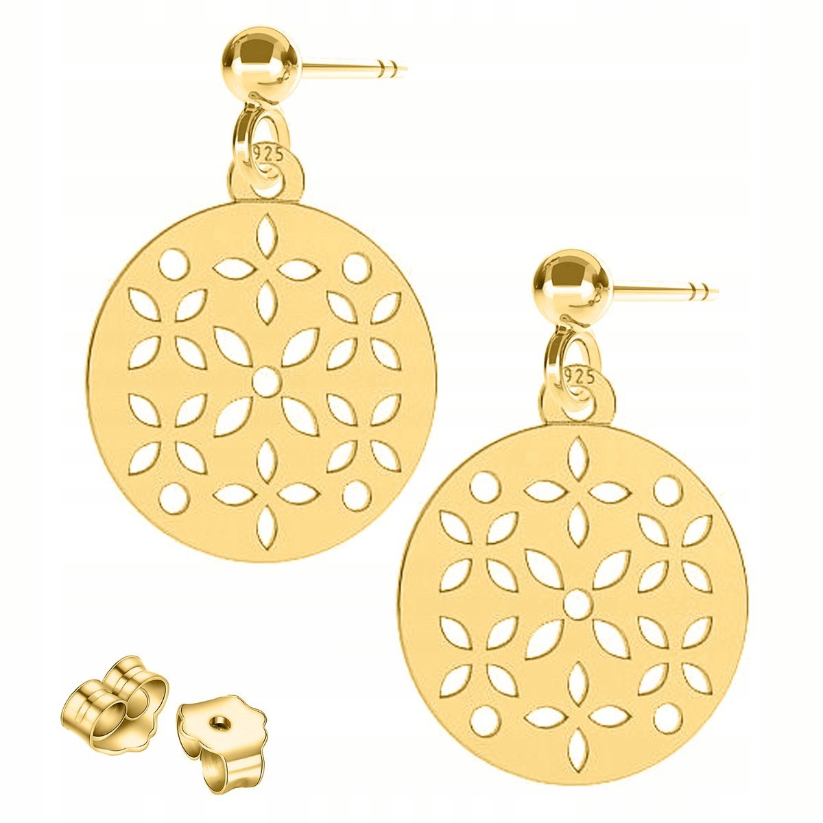 Złote Kolczyki Okrągłe Blaszki z Kwiatami Kwiaty Kwiatki SREBRO 925