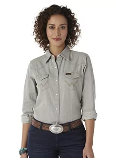 Bluzki damskie - Wrangler Damska bluzka z długim rękawem Snap Front Denim Western, Szary dżins, L - grafika 1