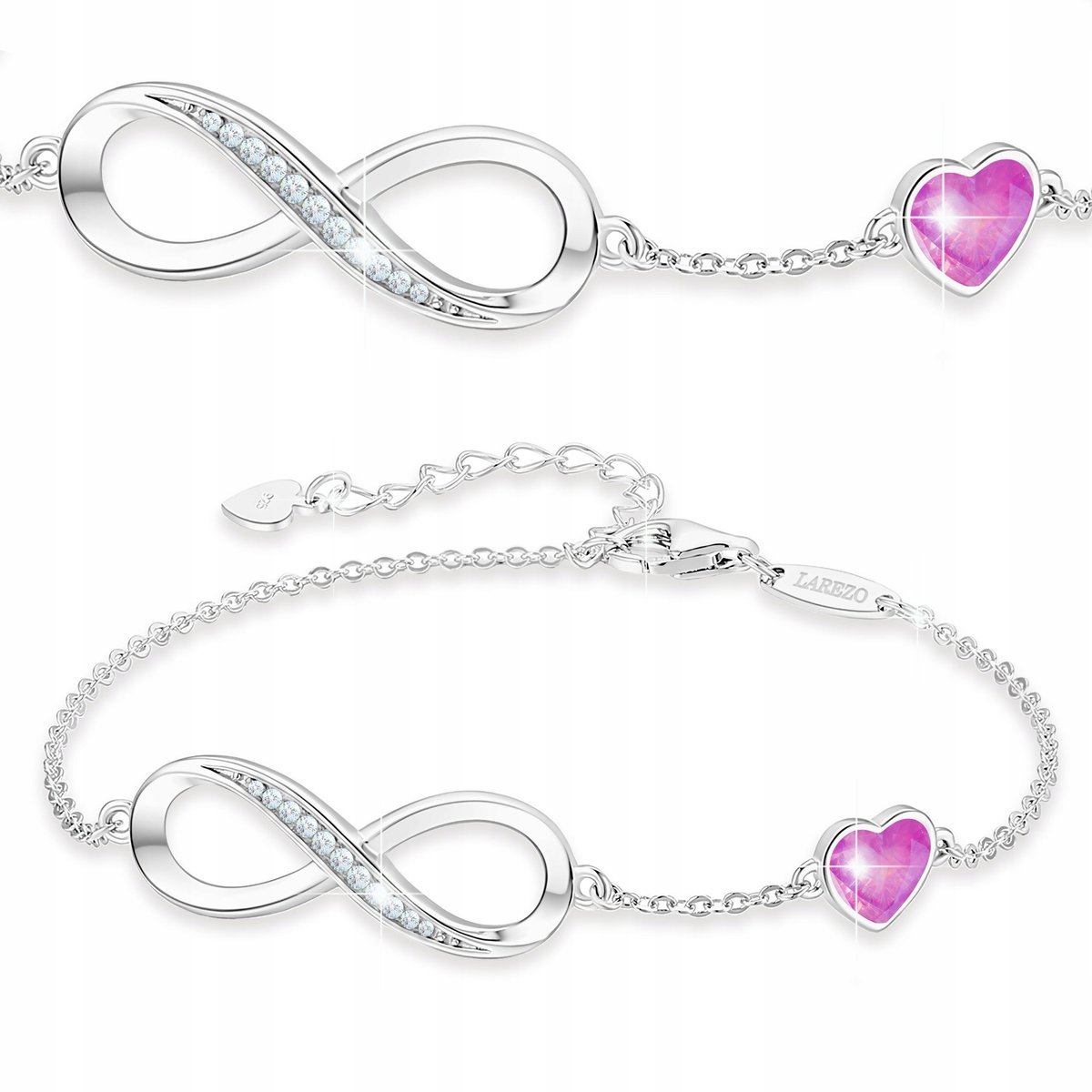 Bransoletka Srebrna Różowe Serce ze Znakiem Nieskończoności SREBRO 925