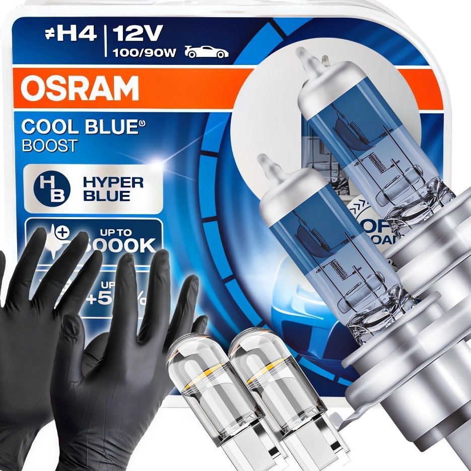 Żarówki Osram H4 Cool Blue Boost 5500K Białe + W5W Clear LED + Rękawiczki