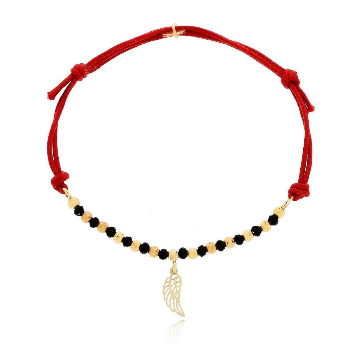 Bransoletka czerwony sznurek skrzydło, kulki, kółko srebro pozłacane pr. 925