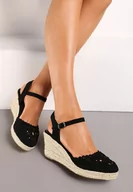 Sandały damskie - Czarne Sandały na Koturnie Ozdobione Plecionką i Ażurowym Wzorem Vexia - miniaturka - grafika 1