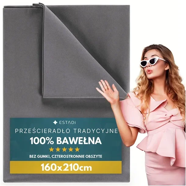 Prześcieradło bez Gumki Tradycyjne 160x210 cm 100% Bawełna GRAFITOWE GRAFIT