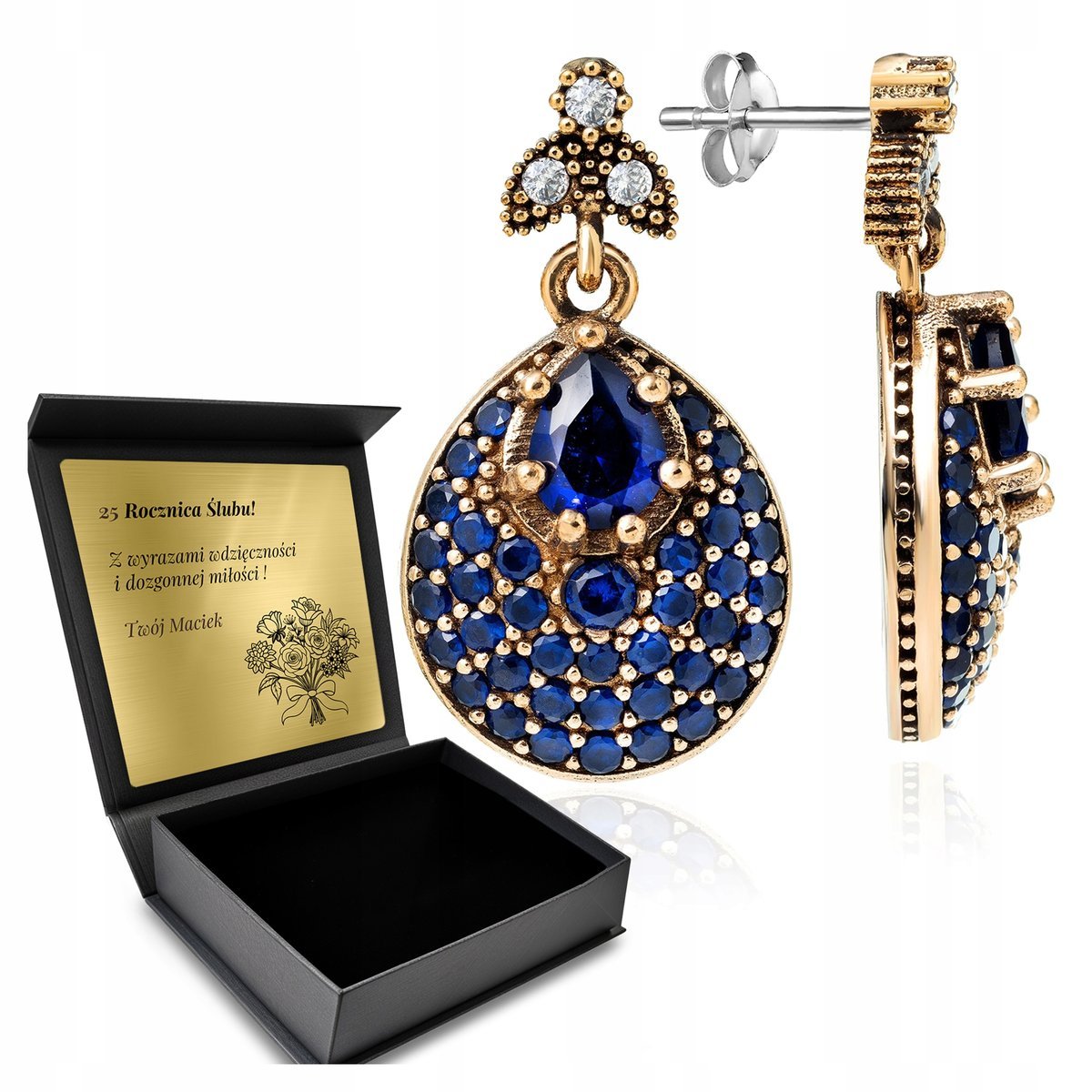 Kolczyki Srebrne 925 Cyrkonie Szafir Biżuteria Dla Kobiety + Grawer