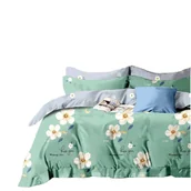 Pościel - Pościel satynowa 140x200 zielona szara białe kwiaty - miniaturka - grafika 1