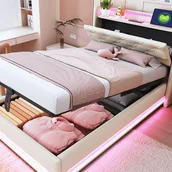 Łóżka dla dzieci i młodzieży - Łóżko dziecięce tapicerowane z pojemnikiem 90x200cm - z oświetleniem LED - z portem USB - otwierany zagłówek - len - beż - miniaturka - grafika 1