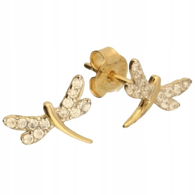 Ważka Kolczyki Złote 14K z cyrkoniami eleganckie sztyfty owady złoto 585