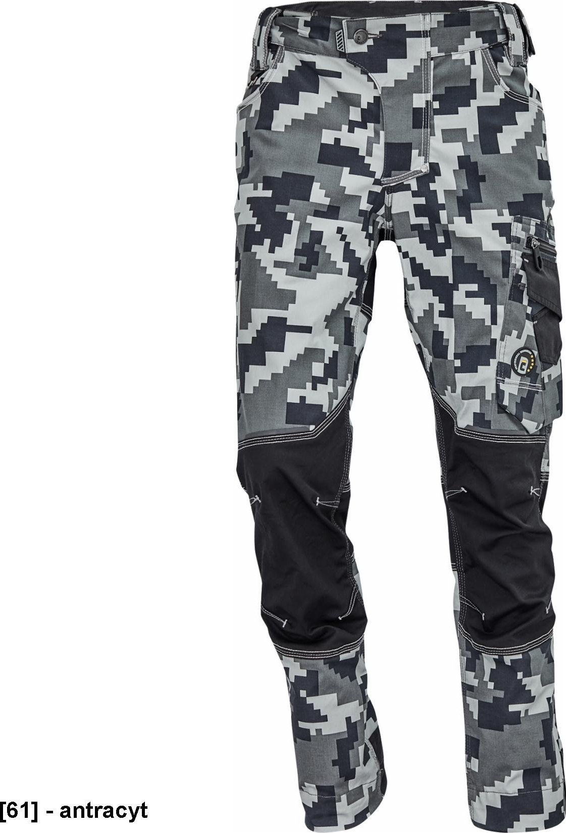 CERVA NEURUM CAMOUFLAGE spodnie - męskie spodnie robocze, 6 kieszeni, elastyczny materiał Trifibetex, nadruk moro, odblaski - antracyt 52