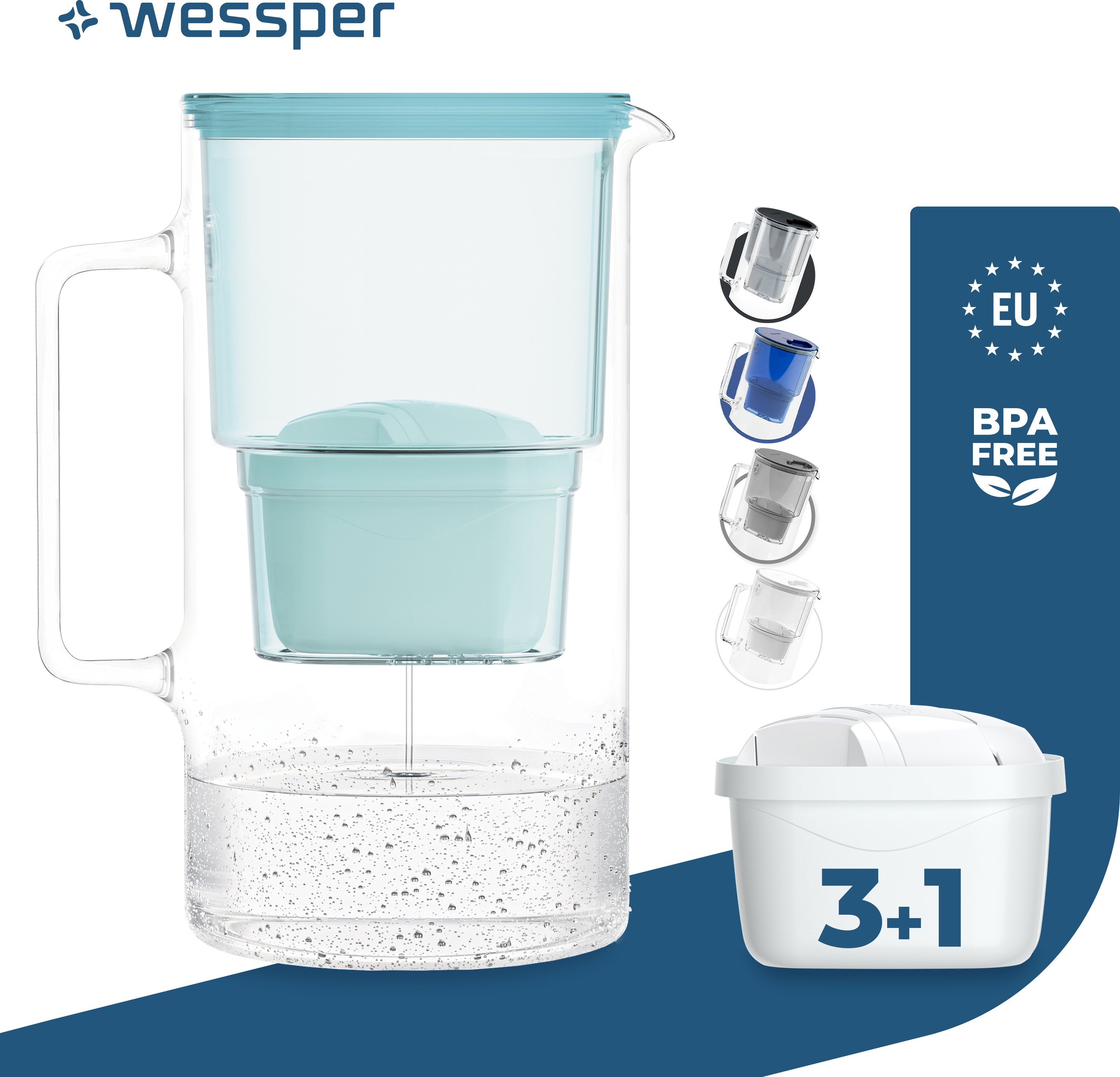Wessper szklany dzbanek filtrujący 3 l Kompatybilny z wkładami filtrującymi Brita, w tym 4 wkłady filtrujące, miętowy