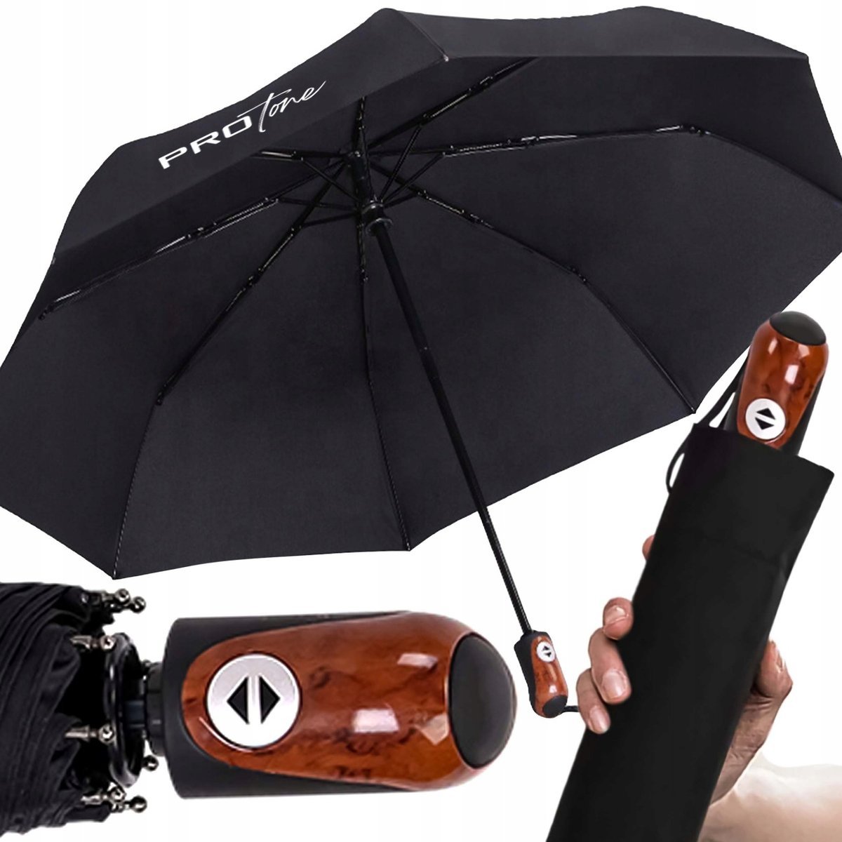 Parasol Parasolka AUTOMAT SKŁADANY MĘSKA DAMSKA CZARNA DREWNO + POKROWIEC