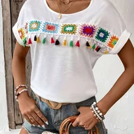 Bluzki damskie - TEMU Koszulka Damska z Białymi Wstawkami i Frędzlami - Luźny Krój, Okrągły Dekolt, Krótki Rękaw z Kolorowym Geometrycznym Wzorem, Średnio Elastyczna - miniaturka - grafika 1
