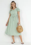 Sukienki - Jasnozielona Sukienka Midi z Wiskozy z Gumką w Pasie i Materiałowym Paskiem Aricia - miniaturka - grafika 1