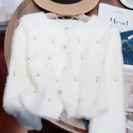 Swetry damskie - TEMU Elegancki damski różowy kardigan ze sztucznego z perłowymi zdobieniami - sweter z dekoltem w serek, długim rękawem i otwartą przodową częścią, - miniaturka - grafika 1