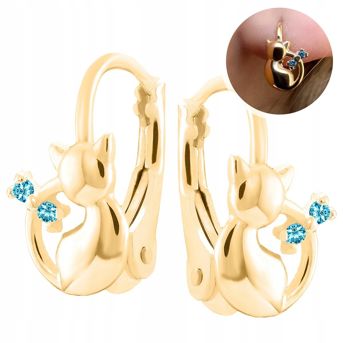 Kolczyki dla dzieci dziewczynek kotki angielskie zapięcie wiszące złote 925