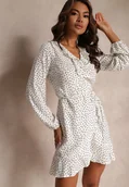 Sukienki - Biała Kopertowa Sukienka Mini Zdobiona Falbankami i Printem w Kropki Ophia - miniaturka - grafika 1