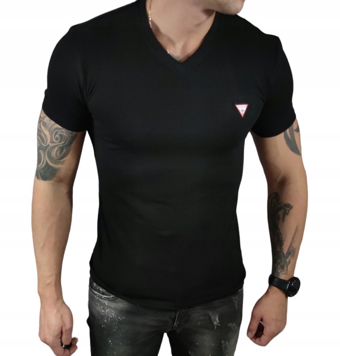 T-shirt Guess V-neck Super Slim Fit M2YI32J1314-JBLK BlackElastane - M