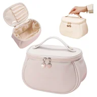 Kosmetyczki, organizery i kuferki - Kosmetyczka Damska Podróżna Skórzana Pojemna Na Kosmetyki Kuferek Kremowa - miniaturka - grafika 1