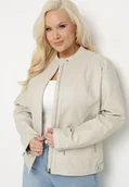 Kurtki damskie - Jasnobeżowa Kurtka Ramoneska Bez Kołnierzyka z Suwakami na Rękawach Rilinne - miniaturka - grafika 1