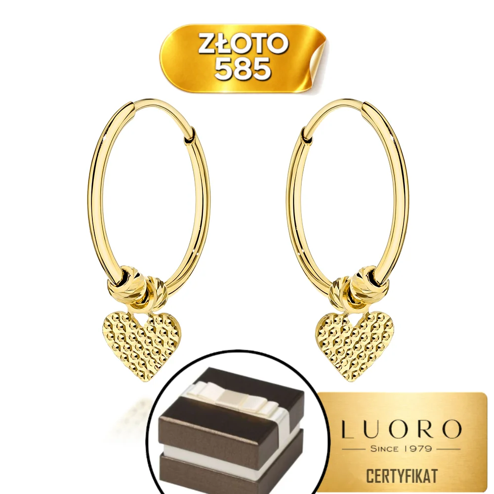 KOLCZYKI ZŁOTE 585 14K DIAMENTOWANE SERCE KULKA NA KREOLU 17 MM ELEGANCKIE