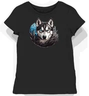 Koszulki i topy damskie - Koszulka damska czarna z nadrukiem husky o niebieskich oczach S - miniaturka - grafika 1