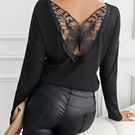Swetry damskie - TEMU Ten T-shirt z długim rękawem ma motyw motyla na plecach, jest seksowny dzięki odkrytemu plecom i dopasowany, co sprawia, że pasuje na różne - miniaturka - grafika 1