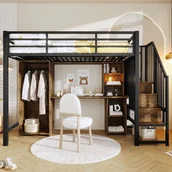 Łóżka dla dzieci i młodzieży - Łóżko piętrowe 90 x 200 cm z biurkiem, szafą i półkami - Metal + MDF - dla dzieci - Czarne (Materac nie jest wliczony w cenę) - miniaturka - grafika 1