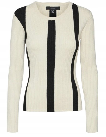 VERO MODA DOPASOWANY SWETER Z DZIANINY W PASKI BEŻOWO CZARNY L J5E