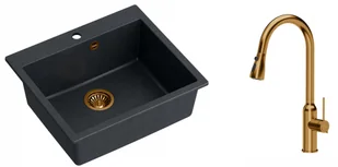Quadron Zlewozmywak granitowy jednokomorowy 57*50*22 cm MORGAN 110 BLACK DIAMOND z miedzianym odpływem z baterią JESSICA Q LINE z wyciąganą wylewką i funkcją prysznica kolor miedziany - Zlewozmywaki z baterią - miniaturka - grafika 1