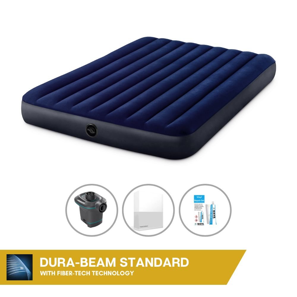 Dmuchane łóżko Intex - 2 osoby - 152 x 203 x 25 cm - niebieskie + pompka elektryczna Intex - 650 litrów/min + prześcieradło białe + zestaw naprawczy