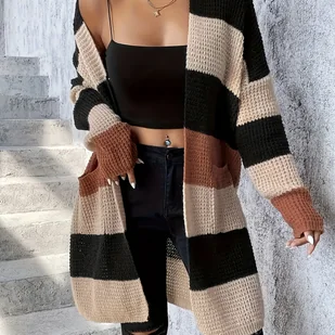 TEMU Kardigan Damski Elegancki w Blokach Kolorów – Miękka, Elastyczna Bluza z Otwartym Przodem i Kieszeniami, Czarny/Brązowy/Beż/Szary/Biały, - Bluzy damskie - miniaturka - grafika 1