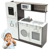 Zabawki AGD - Drewniana kuchnia w kolorze białym z brązowymi akcentami i tablicą do pisania - miniaturka - grafika 1