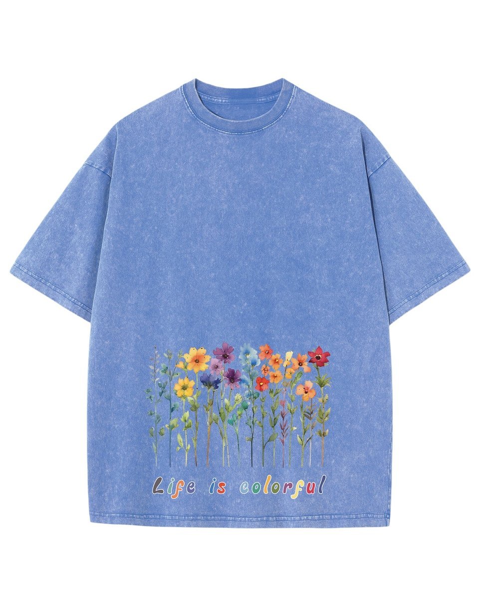 Męska koszulka oversize efekt sprania Kolorowe Kwiaty Wiosna Błękitna L