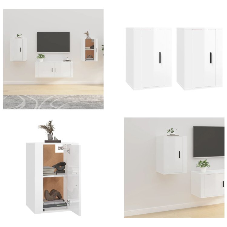 vidaXL Szafki ścienne pod TV 2 szt. Biały wysoki połysk 40x34,5x60 cm - Szafka wisząca TV - Szafki wiszące TV - Szafka TV - Konsola TV