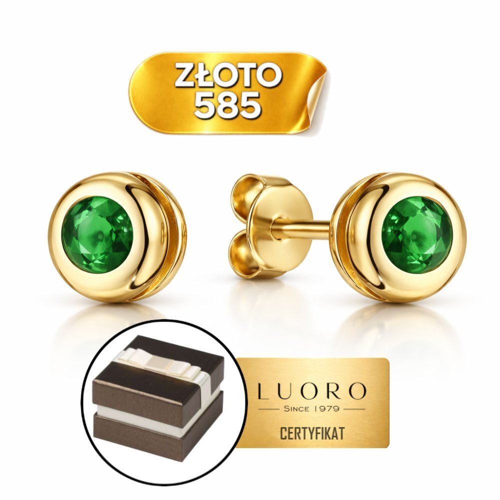 KOLCZYKI ZŁOTE 585 14K ZIELONY KAMIEŃ SZTYFT DELIKATNE 4,5 MM