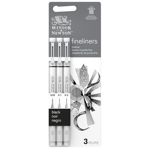 Winsor & Newton Fineliner - Zestaw 3 kalibrowanych długopisów fineliner, kolor czarny, końcówki 0,05, 0,1, 0,3