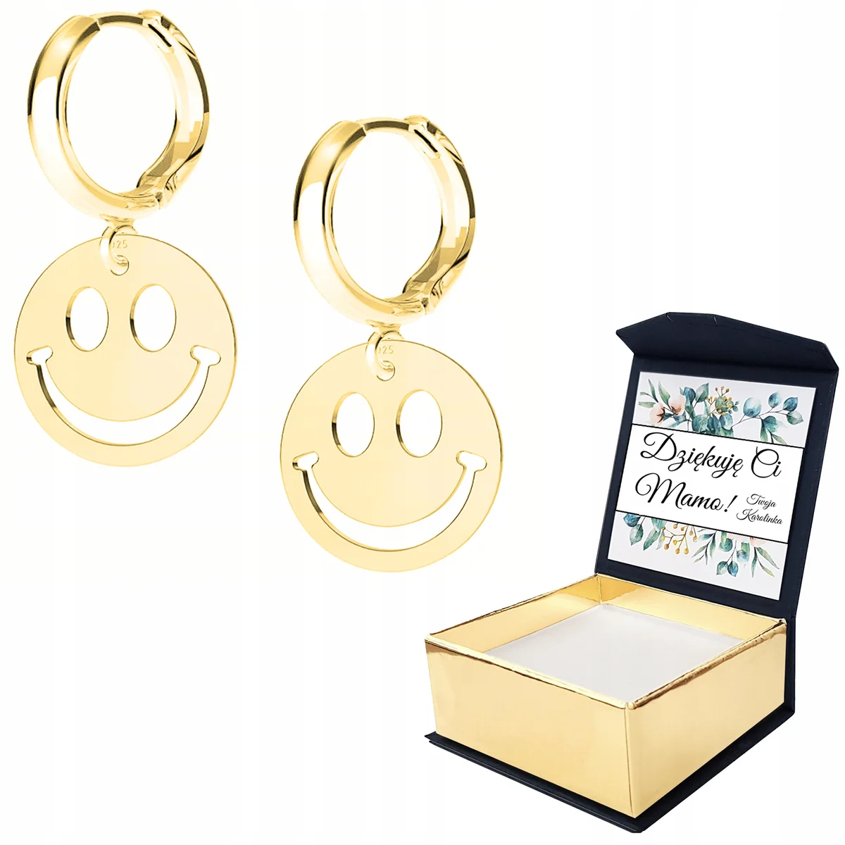 Kolczyki Złote Emotikony Emoji Blaszka Buźka Uśmiech Smile SREBRO 925 NADRUK