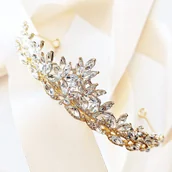 Ozdoby do włosów - Kokonet, Złoty Diadem Na Wesele Efektowna Korona Tiara Glam Szykowna Gustowna - miniaturka - grafika 1