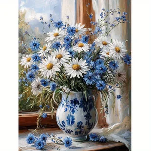 TEMU 1 Szt. 30x40cm Zestaw Do Malowania Diametralnego Z Kwiatami - Niebieska I Biała Wazon Z Kwiatami, Pełnowymiarowy Okrągły Kanvas 5D, Wszystkie - Rękodzieło - miniaturka - grafika 1