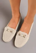 Mokasyny damskie - Beżowe Mokasyny z Ażurową Cholewką i Metaliczną Ozdobą Musamora - miniaturka - grafika 1