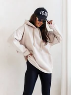Bluzy damskie - CIEPŁA BLUZA OVERSIZE Z KAPTUREM I ŚCIĄGACZEM-BEŻOWA - Olika - miniaturka - grafika 1